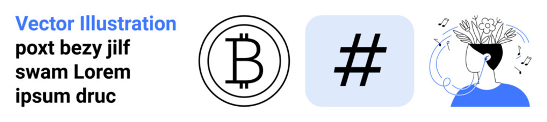Bitcoin logo, metadata tag symbol, and person generating ideas with music and creativity. Ideal for innovation, technology, digital currency, social media, content creation, information sharing