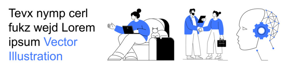 Business, artificial intelligence, teamwork, communication, tech innovation, neural networks. Woman on a laptop, professionals interacting digital brain illustration. Artificial intelligence