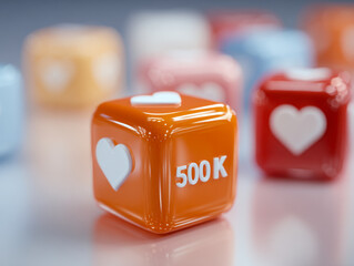 Colorful glossy cubes with heart symbols and follower count numbers representing social media engagement and online popularity metrics in a modern setting