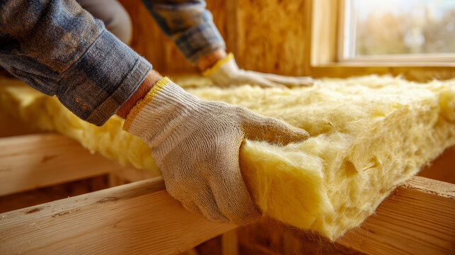 Worker wearing protective gloves installing yellow fiberglass insulation material between wooden beams inside a construction site near a window on a sunny day