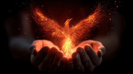 Two hands support a bright fire bird made of flames and sparks. This scene takes place at night during an art event in a city showing creativity and imagination.