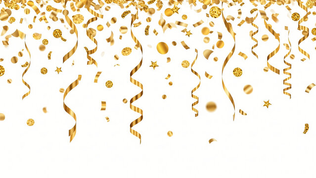 falling gold confetti and streamers seamless pattern on transparent background

