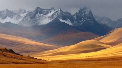 Majestic snow-capped mountains bathed in golden light under a dramatic atmospheric gradient sky