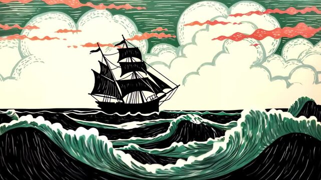 Vintage sailing ship battling ocean waves illustration style