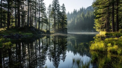 Obraz premium Morning light shines on a calm lake as tall trees line its banks. Reflections of the trees can be seen in the water. Mountains are visible in the background creating a natural setting.