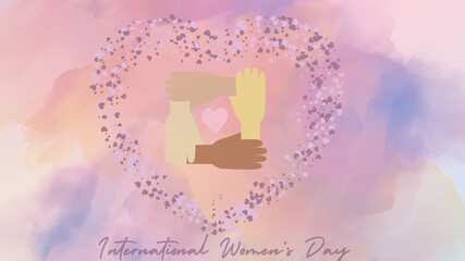 Intertwined hands of different ethnicities surrounding a heart on a soft purple-pink watercolour background, celebrating International Women's Day,