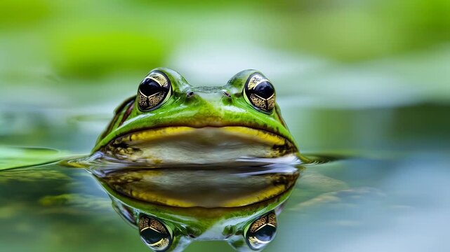 Frog's reflection in water: A close-up view of a vibrant green frog with intricate textures gazes serenely at the world from the calm embrace of water, its eyes reflecting the surrounding greenery.