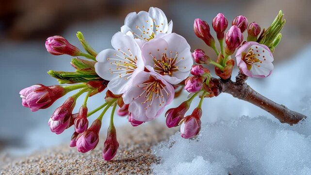 Delicate cherry blossom branch with pink buds and white flowers, showcasing gradual bloom progression against soft snow backdrop, camera zooms in for detailed view