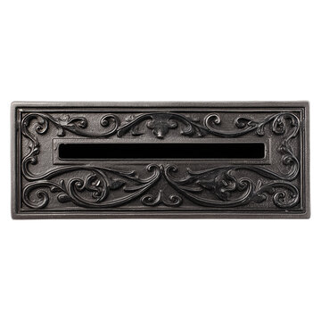 Rectangular metal mail slot with ornate scrollwork design on transparent background