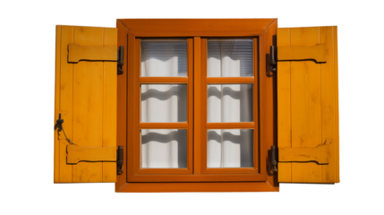 Rustic wooden window with open shutters and white curtains on transparent background