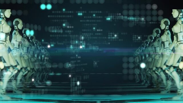 High technology title or text background intro. Modern 3d animation with walking mechanical characters and digital overlay