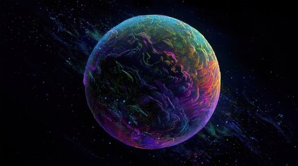 Obraz premium A planet appears in outer space showing various colors and intricate patterns. Bright hues dance across its surface creating a vivid visual effect. Stars surround the scene adding depth.