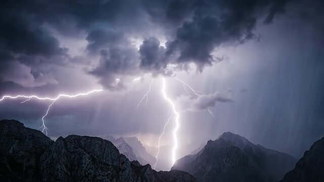 Dramatic Lightning Storm Illuminating Rugged Mountain Peaks Under Dark, Turbulent Clouds