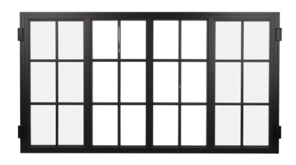 Large rectangular window with grid-like design and dark metallic frames on transparent background