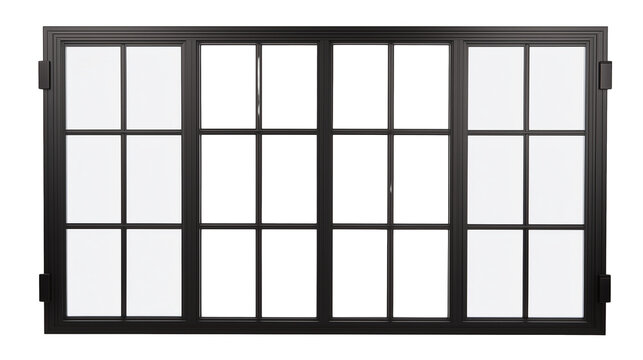Large rectangular window with grid-like design and dark metallic frames on transparent background