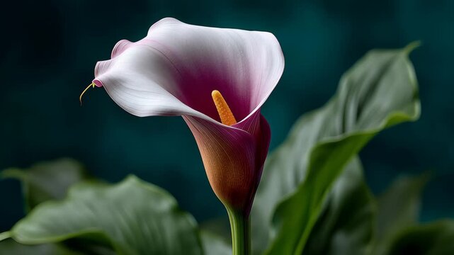 Elegant calla lily flower in full bloom, showcasing delicate petals and vibrant colors, with lush green leaves surrounding, camera slowly zooms in to highlight intricate details and textures