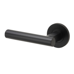 Minimalist black door handle with circular rosette on transparent background