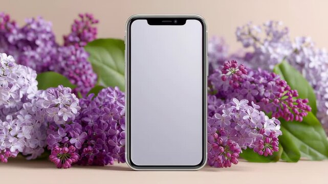 Smartphone mock up surrounded by vibrant lilac flowers, showcasing a seamless transition from close-up to mid-range view, emphasizing floral textures and colors, with copy space for design