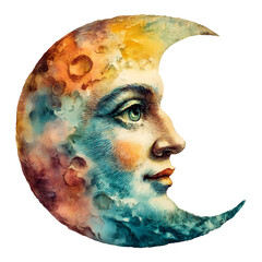 A vibrant watercolor illustration of a moon with a vintage engraved face spacious composition clean white background no shadow