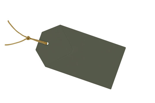 Dark green rectangular tag on a light brown knotted string with transparent background
