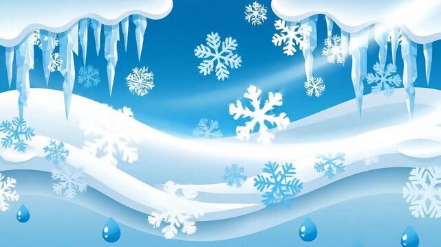 Winter landscape illustration with snowflakes icicles and blue sky