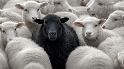 A black sheep is surrounded by white sheep in a flock. The scene takes place on a farm in daylight showcasing the contrast in colors among the animals.
