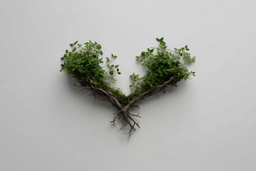 subtle heart shape formed by tree roots and leaves represents tu bishvats environmental concept, with soft green palette and airy composition