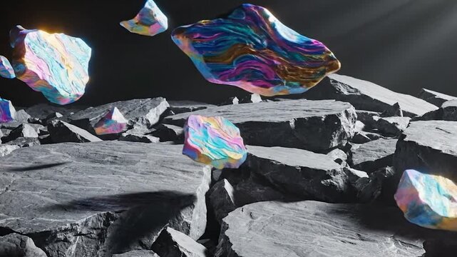 Vibrant opal stones shattering on rocky surface
