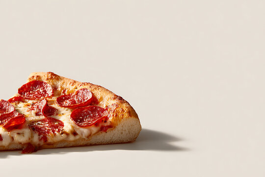 pizza slice advertisement, one pizza slice on a plain background, sharp shadows, simple layout, vibrant colors, fast food ad style, ample text area