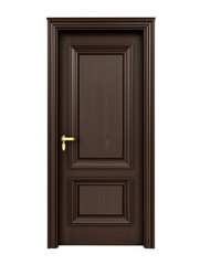 Dark wooden door with brass handle and latch on transparent background