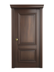 Dark wooden door with brass doorknob on transparent background
