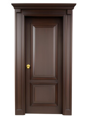 Dark wooden door with brass doorknob on transparent background