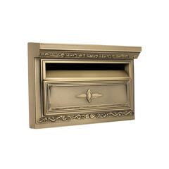 Bronze or brass mailbox with decorative patterns and floral or star motif on transparent background