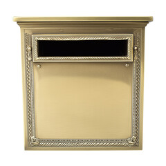 Polished brass mailbox with intricate detailing on transparent background