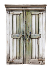 Aged wooden door with weathered greenish-blue finish and ornate metal handles on transparent background