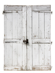 Weathered white wooden double doors with rusted black metal latches on transparent background