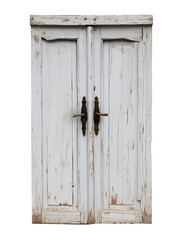 Pair of weathered white wooden double doors with ornate dark handles on transparent background