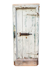 Weathered wooden door with rusted metal hinges and latch on transparent background
