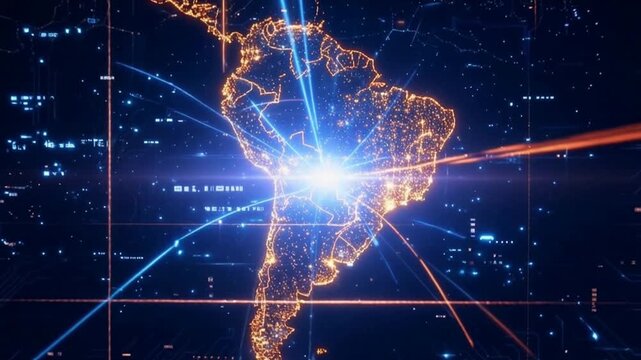 South America digital network map of Latam showing strategic military surveillance connections, cyber warfare infrastructure and geopolitical espionage operations across global territories. Animation
