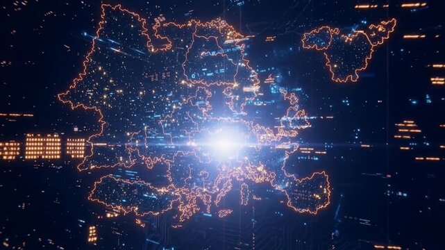 Illuminated network connections mapping Australia continent with glowing digital data points showing technological infrastructure and global communications