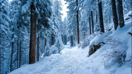 Fototapeta premium A snowy pathway meanders through tall trees blanketed with snow. The sun shines through the branches creating a bright scene in the winter forest.