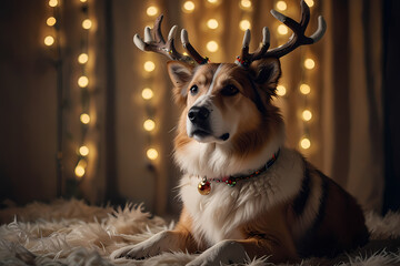 A fluffy dog with reindeer antlers and a jingle bell collar sitting by festive lights