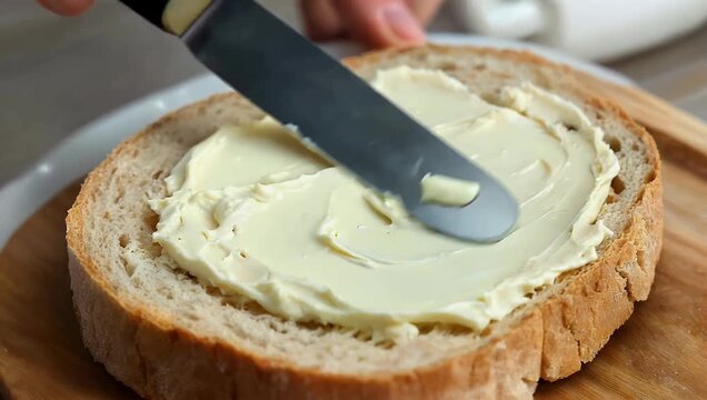 a bright 4k culinary close up title showing a knife spreading organic butter smoothly across a slice of bread capturing soft textures golden tones and appetizing motion perfect for breakfast scenes