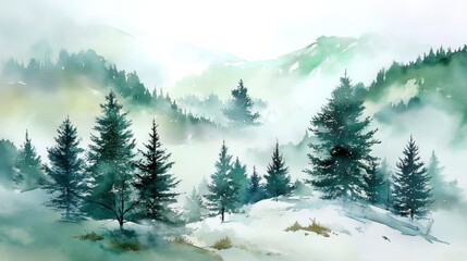 Obraz premium Fog blankets a forest with various trees standing tall. Mountains are visible in the background as the sun begins to rise creating a misty atmosphere.