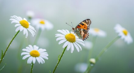 Obraz premium view of a vibrant butterfly perched delicately on a white daisy flower, surrounded by other daisies in a soft-focus, dreamy garden setting, with small water droplets visible.