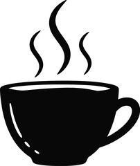 Black coffee cup with rising steam a minimalist design on transparent background silhouette