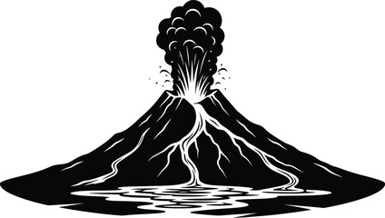 Dramatic volcano eruption illustration with lava flow on transparent background silhouette