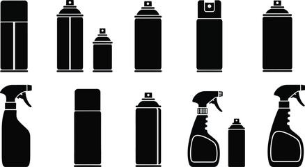 Collection of spray cans and bottles in black silhouette on transparent background