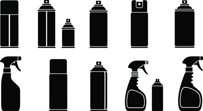 Collection of spray cans and bottles in black silhouette on transparent background