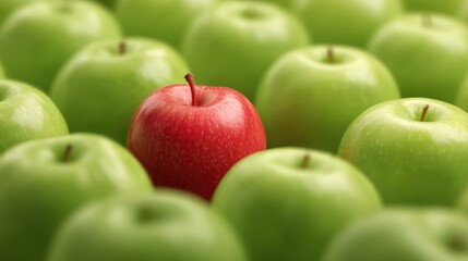 Red apple is in the center of a group of green apples. The picture shows various shades of green and the shiny surface of the fruits. The apples are fresh and healthy.